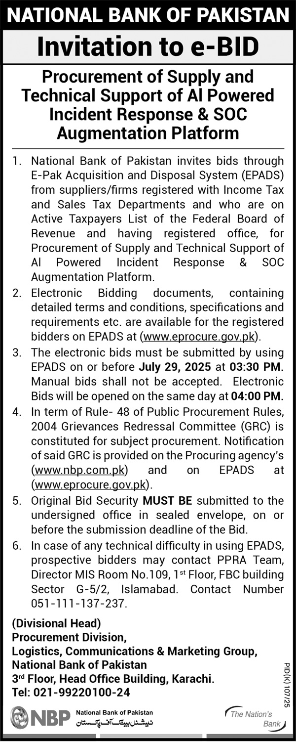 National Bank of Pakistan Karachi Tender Notice